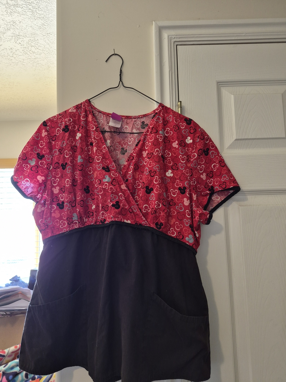 Disney Pink Patterned Surplice Top with Black Lower Panel